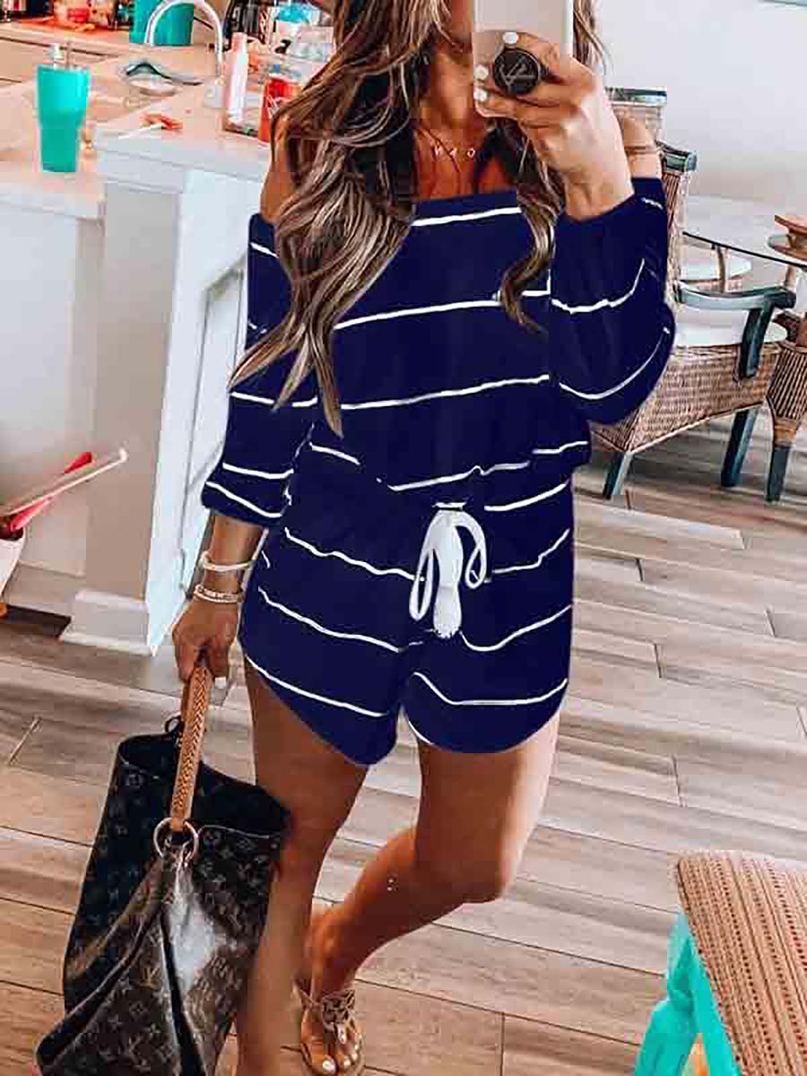 Veleaee Long Sleeve Striped Off Shoulder Casual Wear Romper