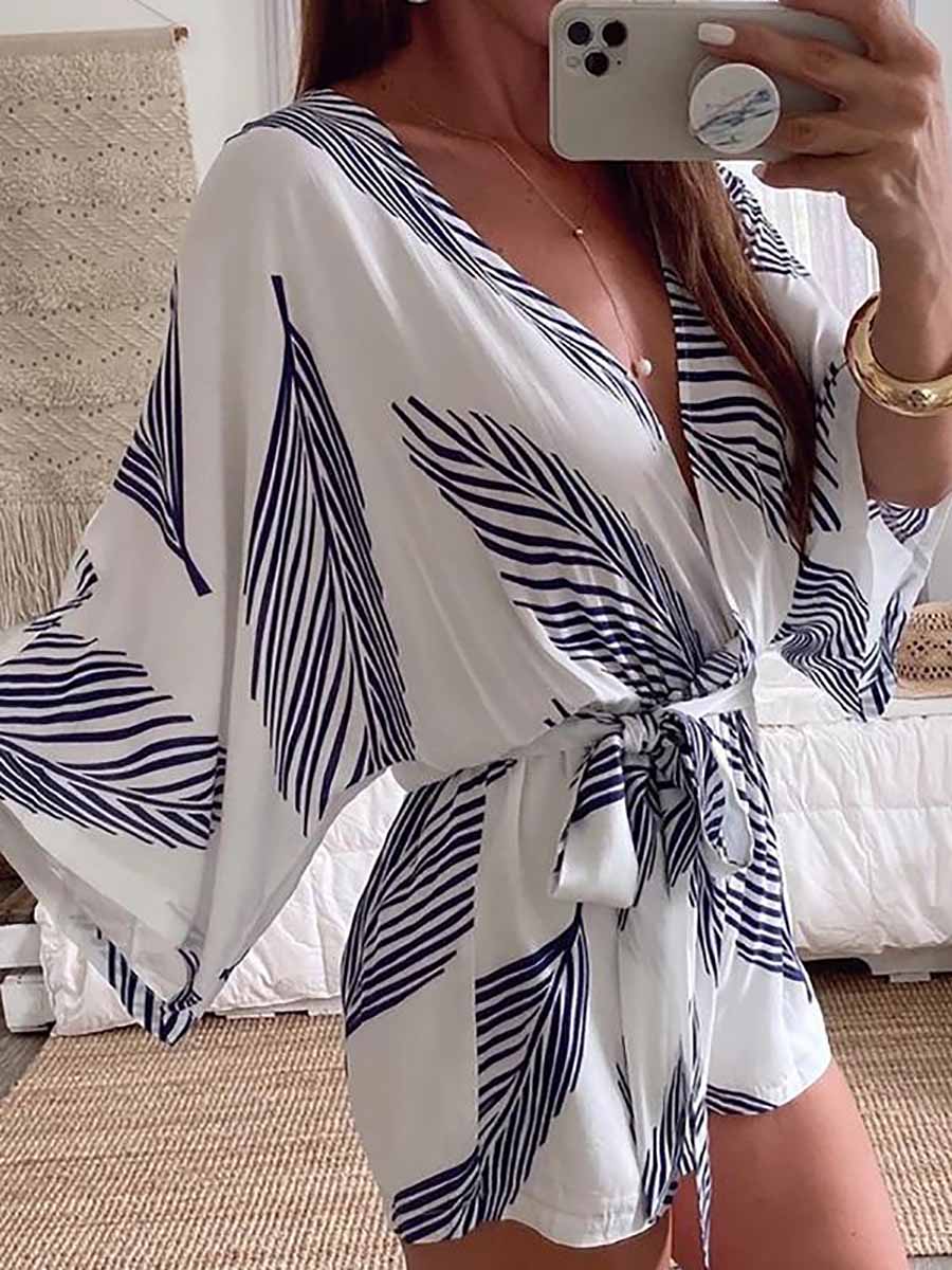 Veleaee Plant Print Bat Sleeve Kimono Romper