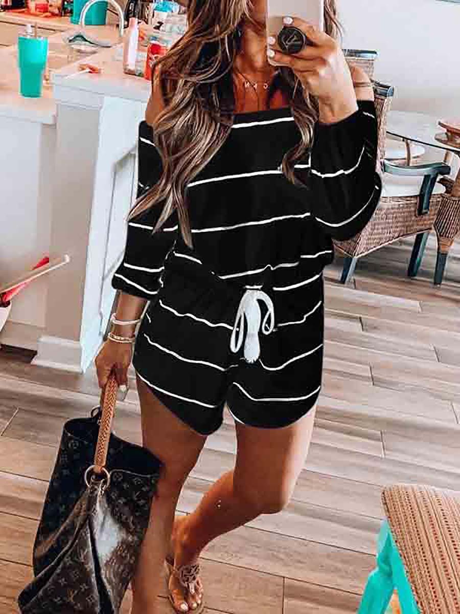 Veleaee Long Sleeve Striped Off Shoulder Casual Wear Romper