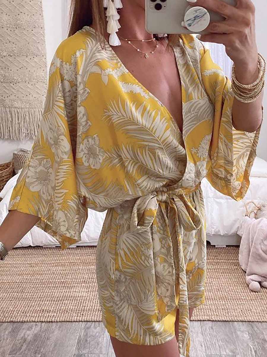 Veleaee Plant Print Bat Sleeve Kimono Romper