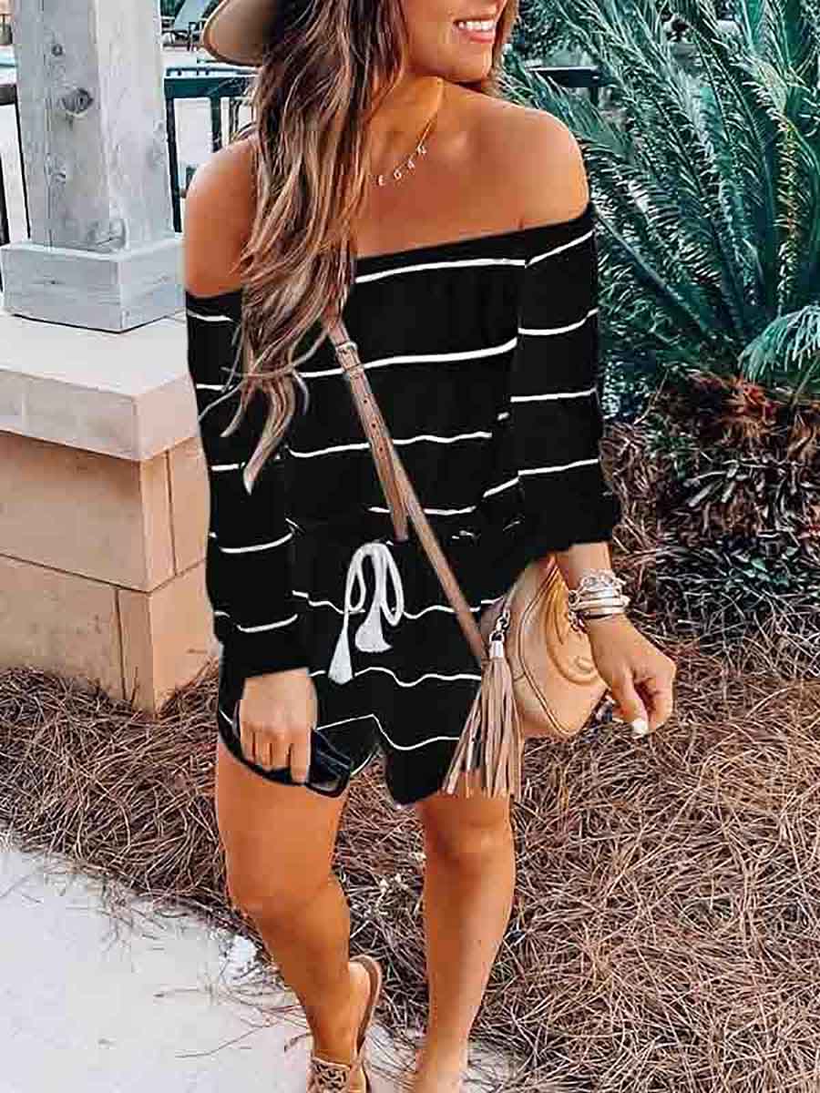 Veleaee Long Sleeve Striped Off Shoulder Casual Wear Romper