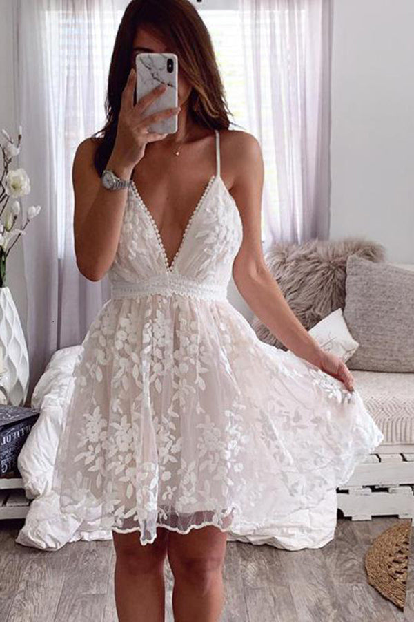 Veleaee V-Neck Lace Embroidered White Dress