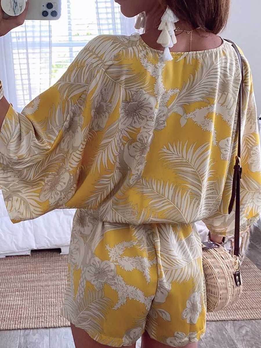 Veleaee Plant Print Bat Sleeve Kimono Romper