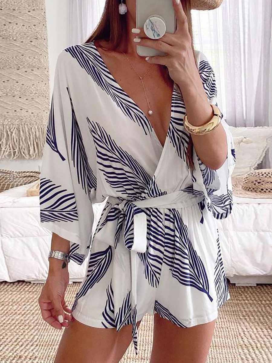 Veleaee Plant Print Bat Sleeve Kimono Romper