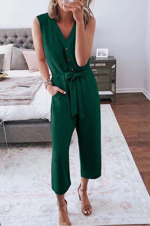 Veleaee Buttoned Sleeveless Cropped Jumpsuit With Sash