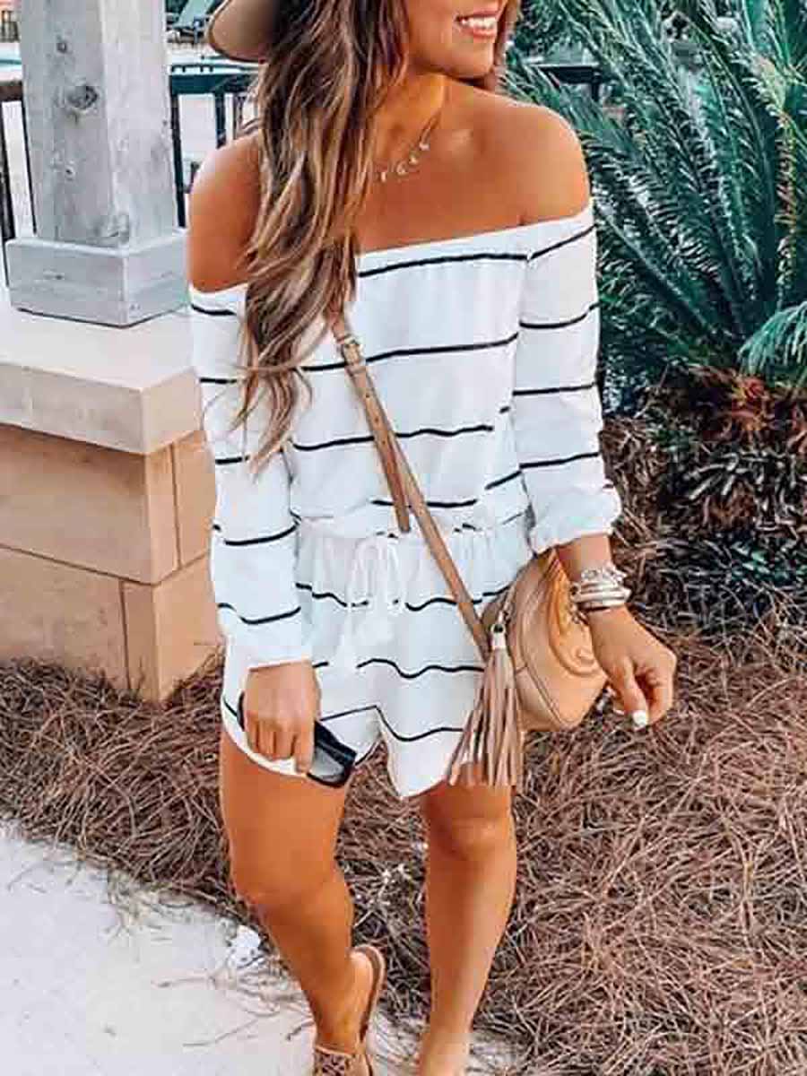 Veleaee Long Sleeve Striped Off Shoulder Casual Wear Romper