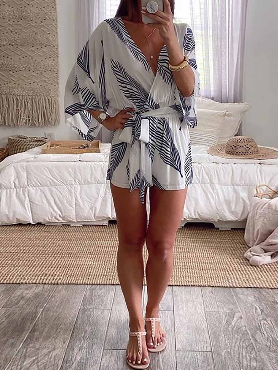 Veleaee Plant Print Bat Sleeve Kimono Romper