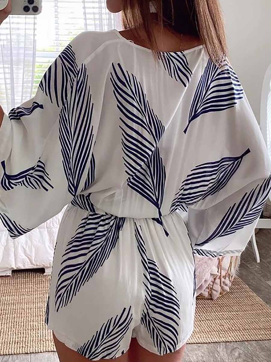 Veleaee Plant Print Bat Sleeve Kimono Romper