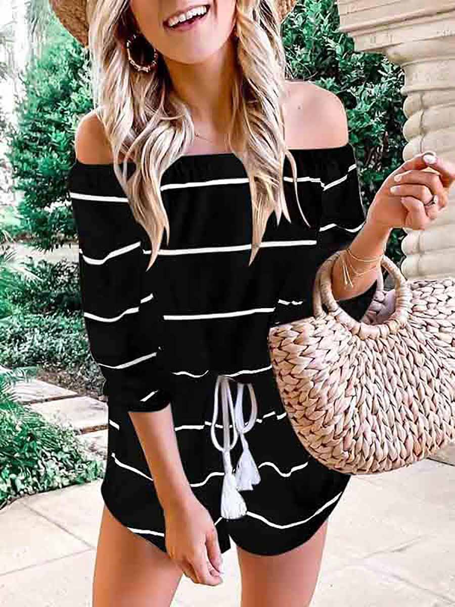 Veleaee Long Sleeve Striped Off Shoulder Casual Wear Romper