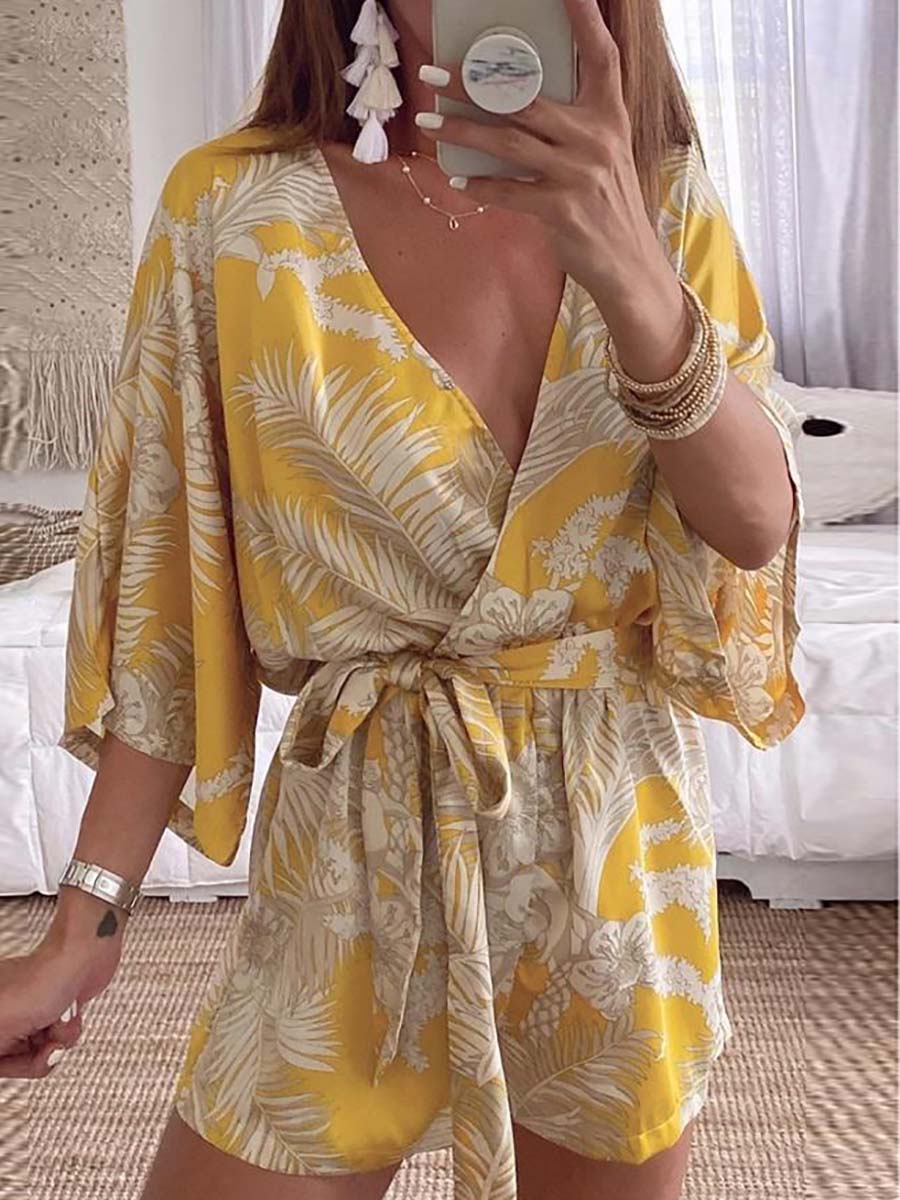 Veleaee Plant Print Bat Sleeve Kimono Romper