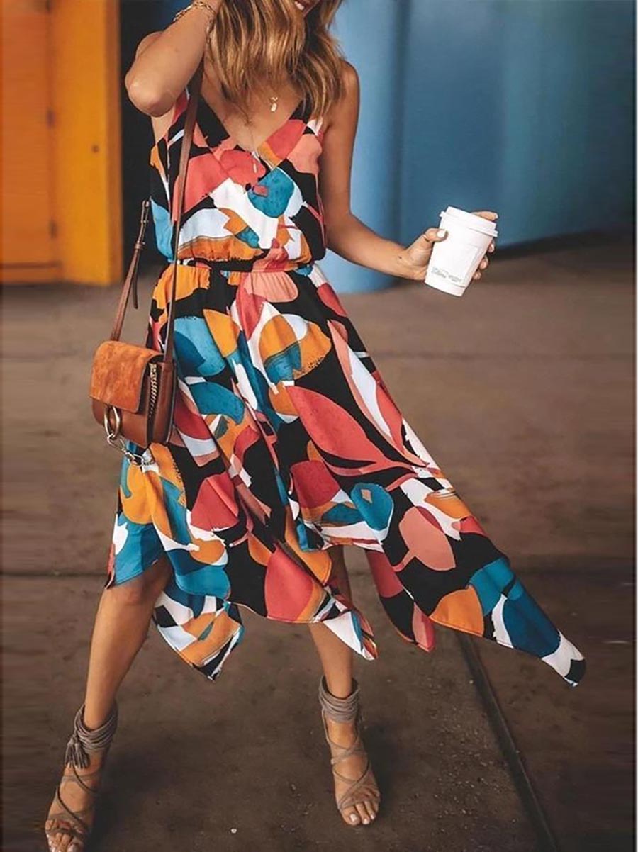 Veleaee Spaghetti Straps Printed Multicolor Midi Dress