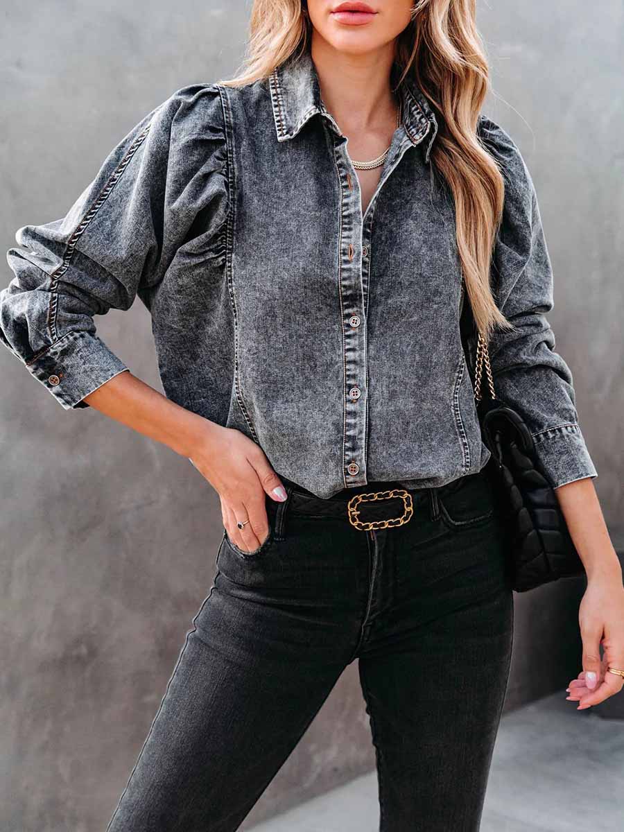 Veleaee Casual Fashion Loose Long Sleeve Denim Shirt