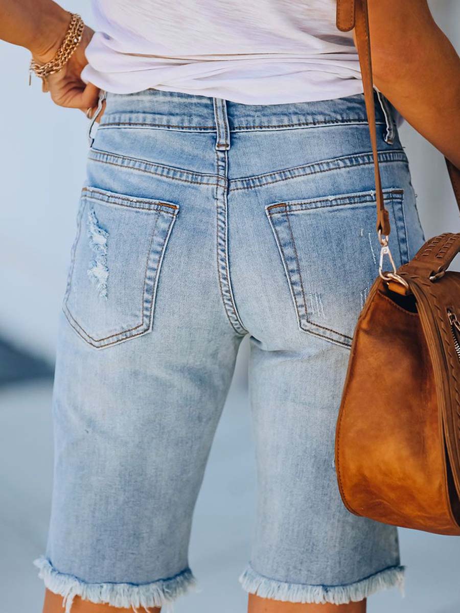 Veleaee Torn Fringe Denim Pants