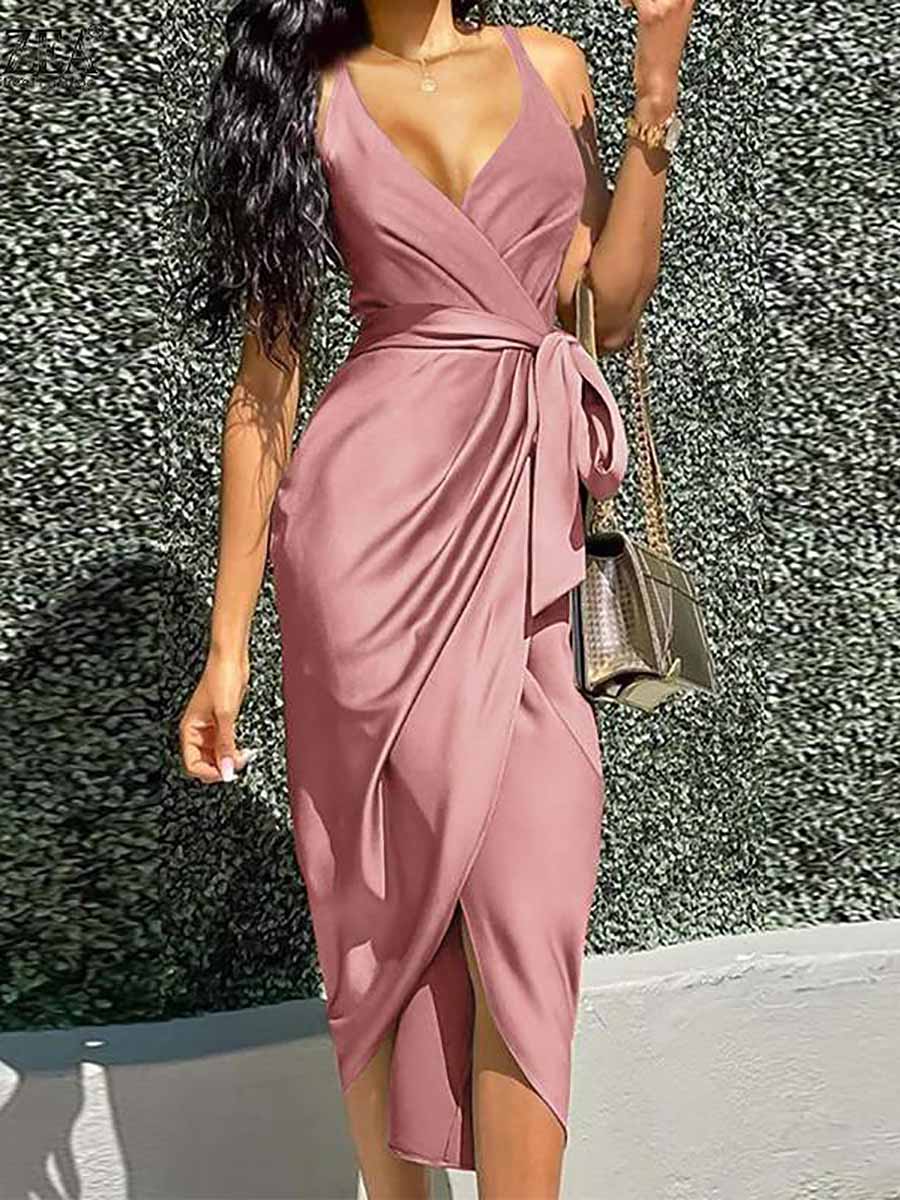 Veleaee Solid Color Straps Slim Irregular Dresses