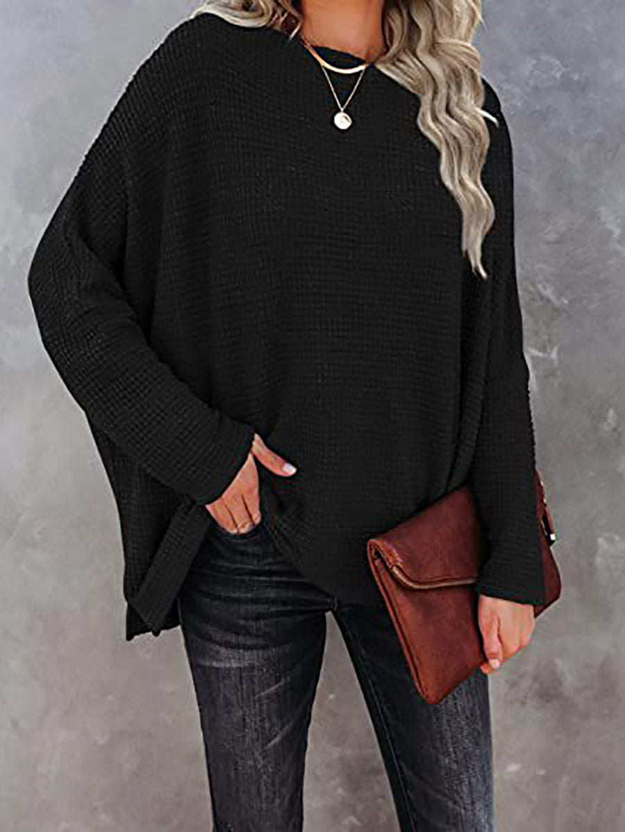 Veleaee Solid Color Knitted Bat Long Sleeve Sweater