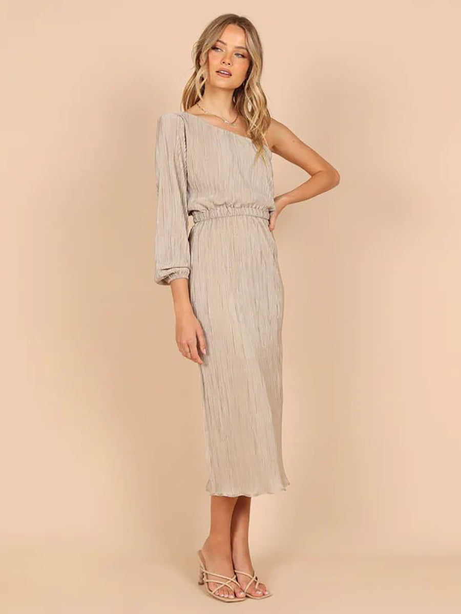 Veleaee One-Shoulder Slash Neck Solid Color Party Dress(3 Colors)