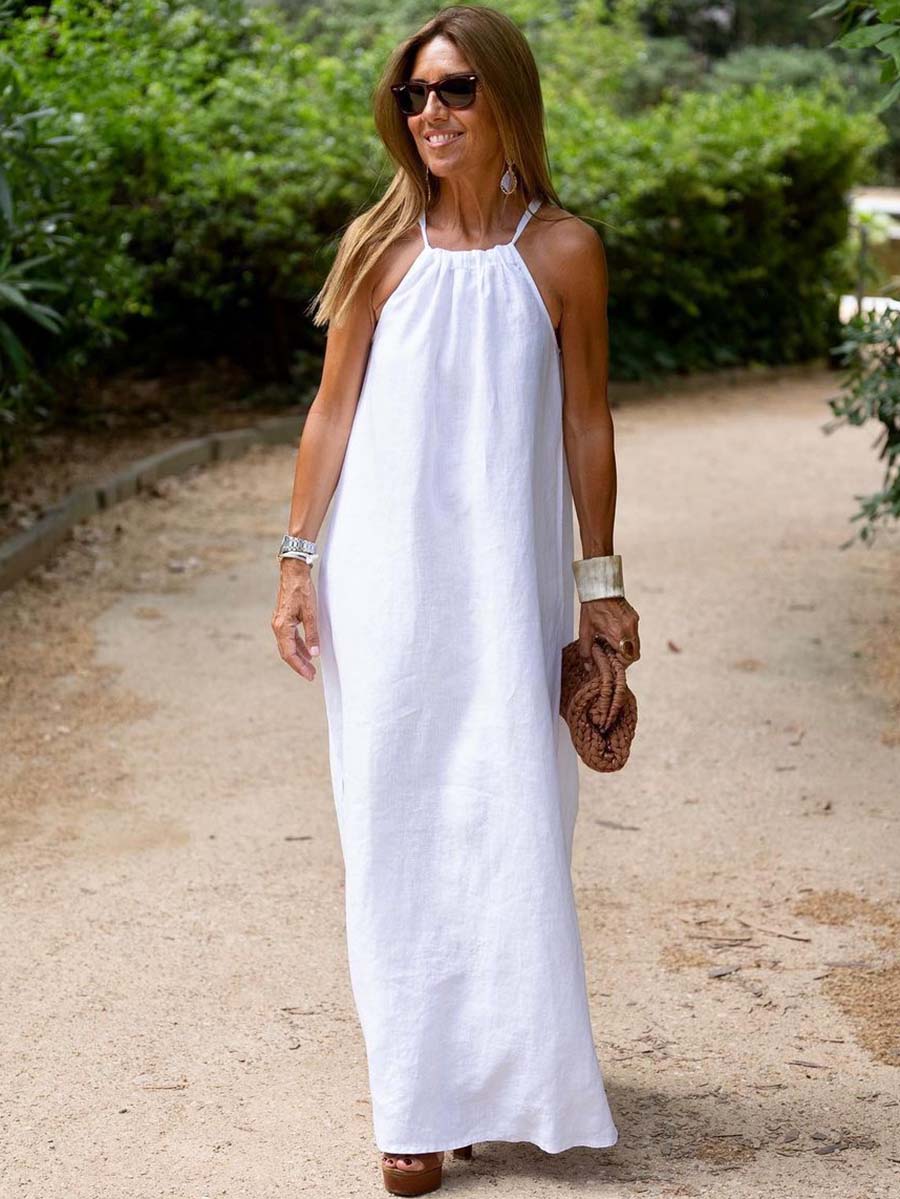 Veleaee Hanging Neck Slit Casual Vacation Dress