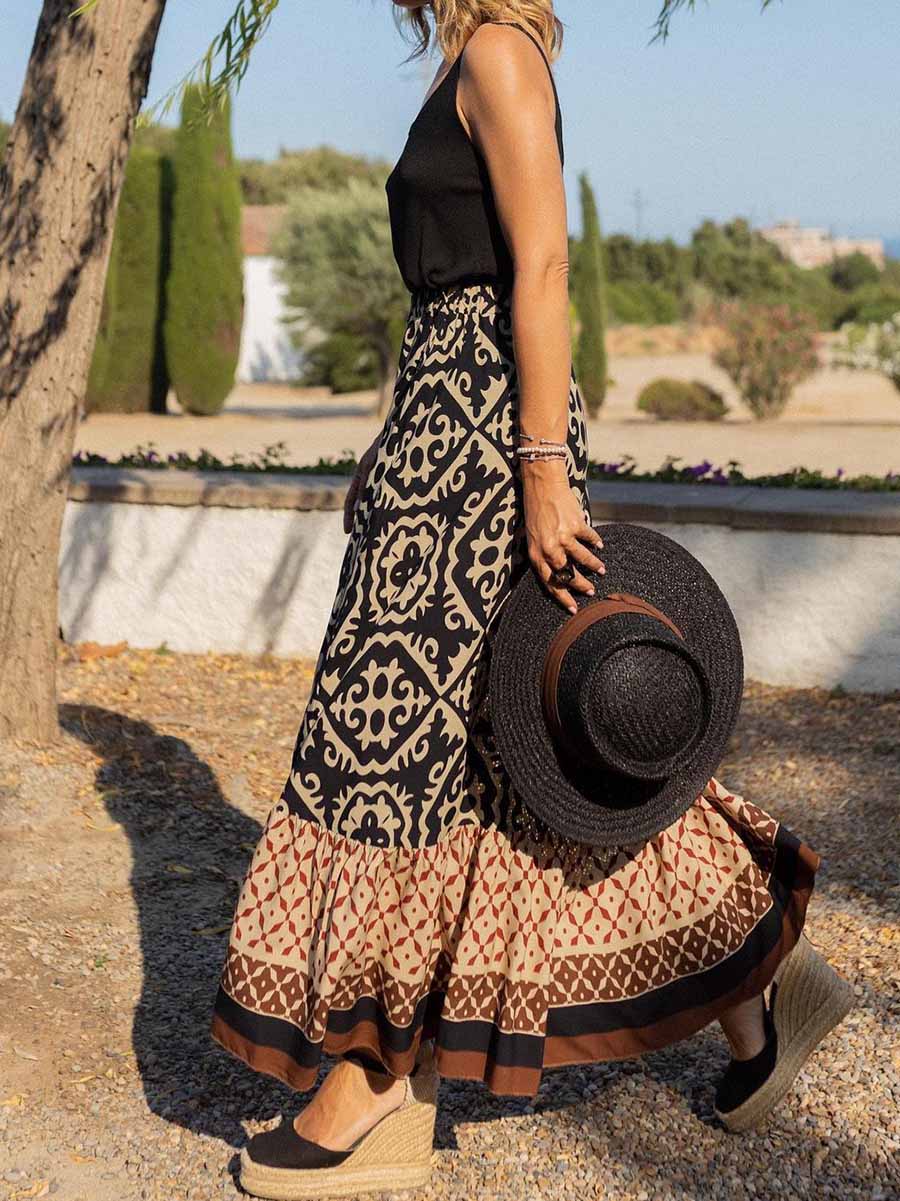 Veleaee Printed Loose Patchwork Hem Dress