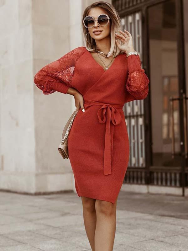 Veleaee Lace V-Neck Knitted Dress