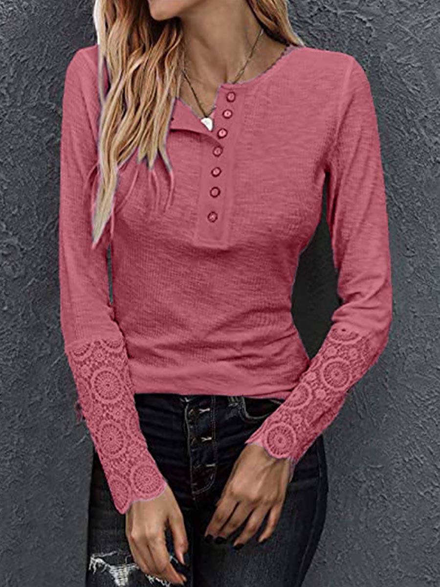 Veleaee Round Neck Stitching Lace Long Sleeve T-Shirt(14 colors)