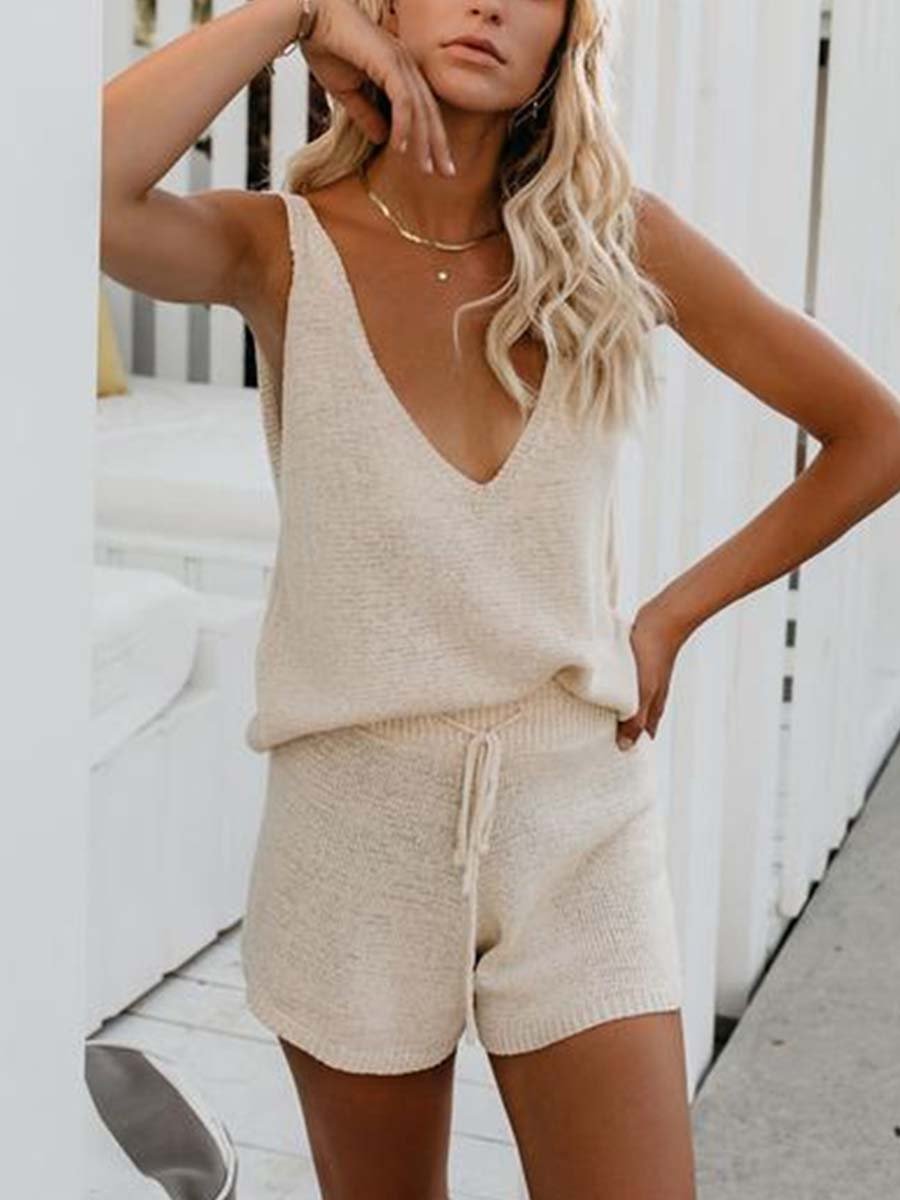 Veleaee V Neck Cutout Shorts Two Set (3 colors)