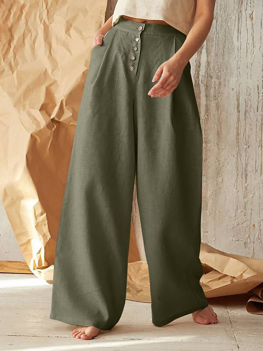 Veleaee Solid Color High Waist Casual Button Wide Leg Pants