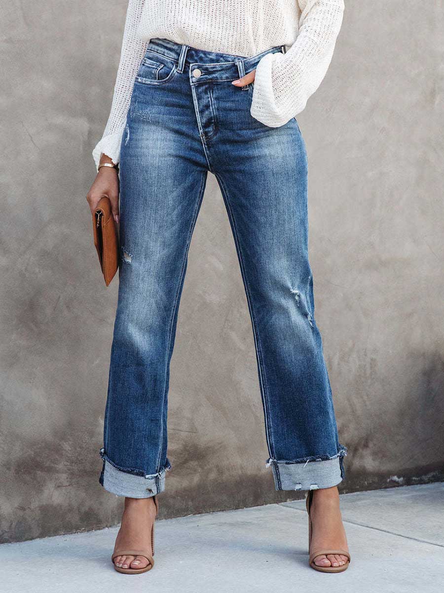 Veleaee Casual Street Solid Make Old Asymmetrical Straight Denim Jeans