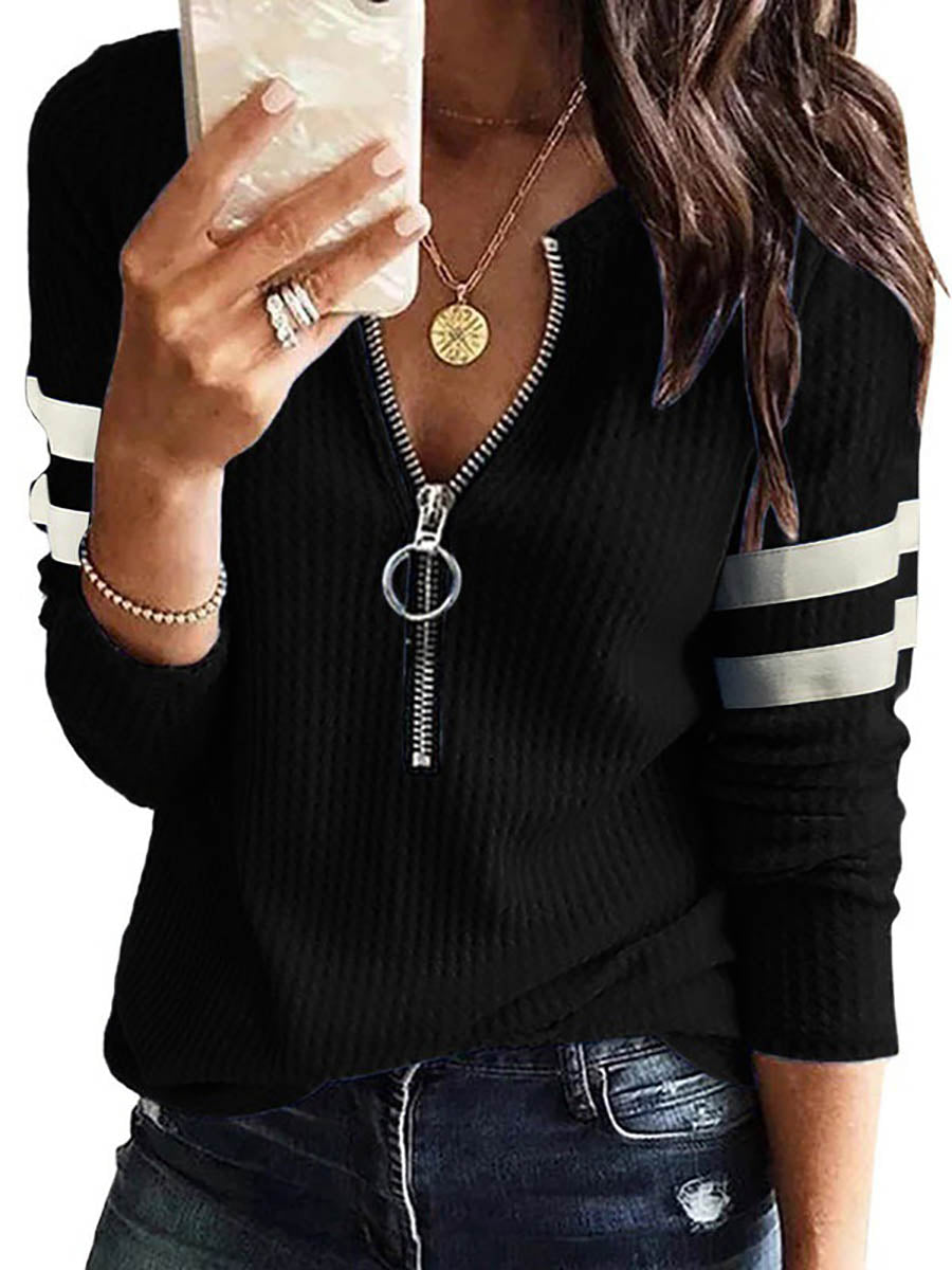 Veleaee V-Neck Zipper Splicing Long Sleeve T-shirt(6 colors)