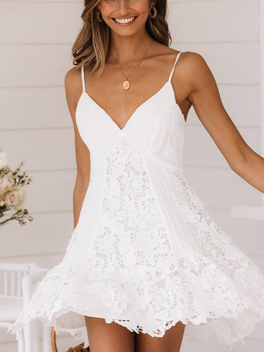 Veleaee Sweet And Sexy Lace V-Neck Halter Dress
