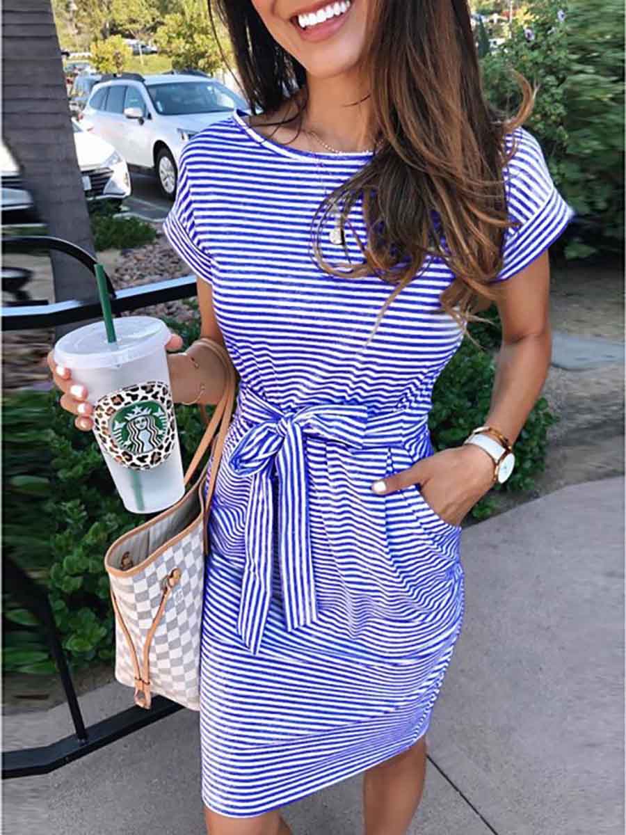 Veleaee Short Sleeve Pinstripe Round Neck Casual Wear Dress