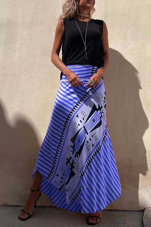 Veleaee Eva Satin Geometric Print Elastic Waist Maxi Skirt