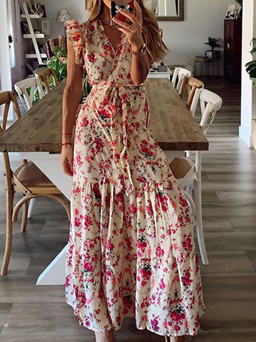 Veleaee Floral Lotus Sleeve Dress