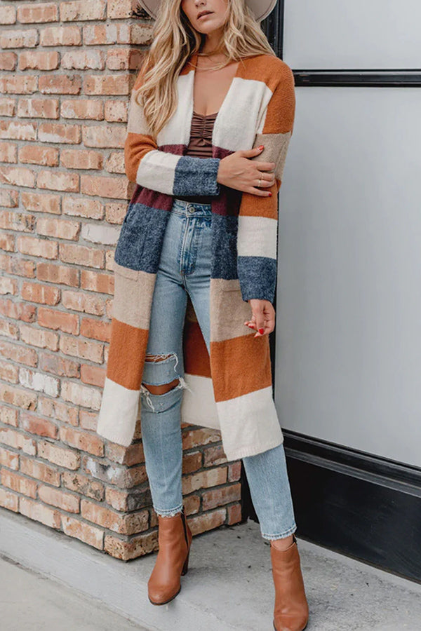 Veleaee Multicolor Knitted Color Block Open Front Long Cardigan