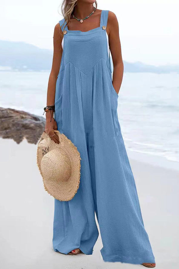 Veleaee Ethnic Button Suspender Wide Leg Line Jumpsuit