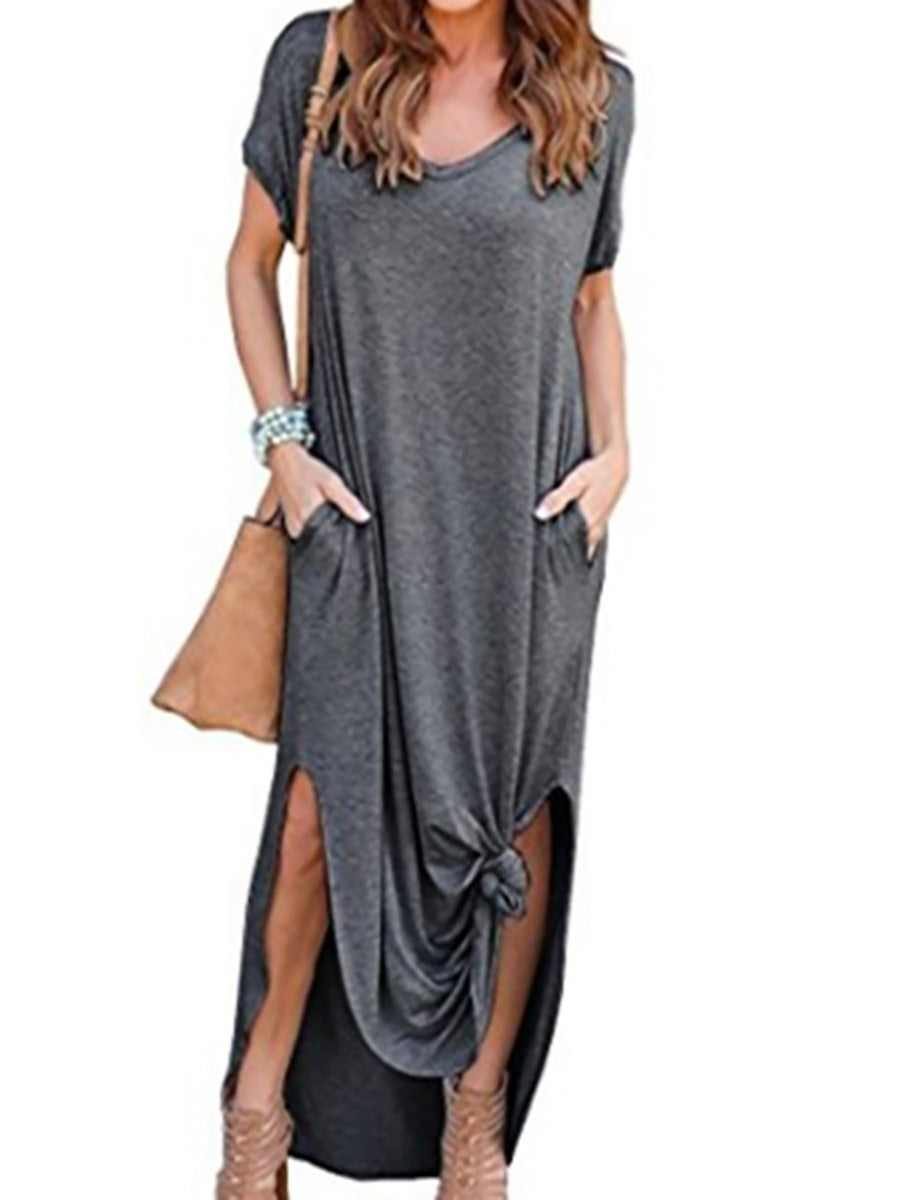 Veleaee V-Neck Pocket Split Dress(8 colors)