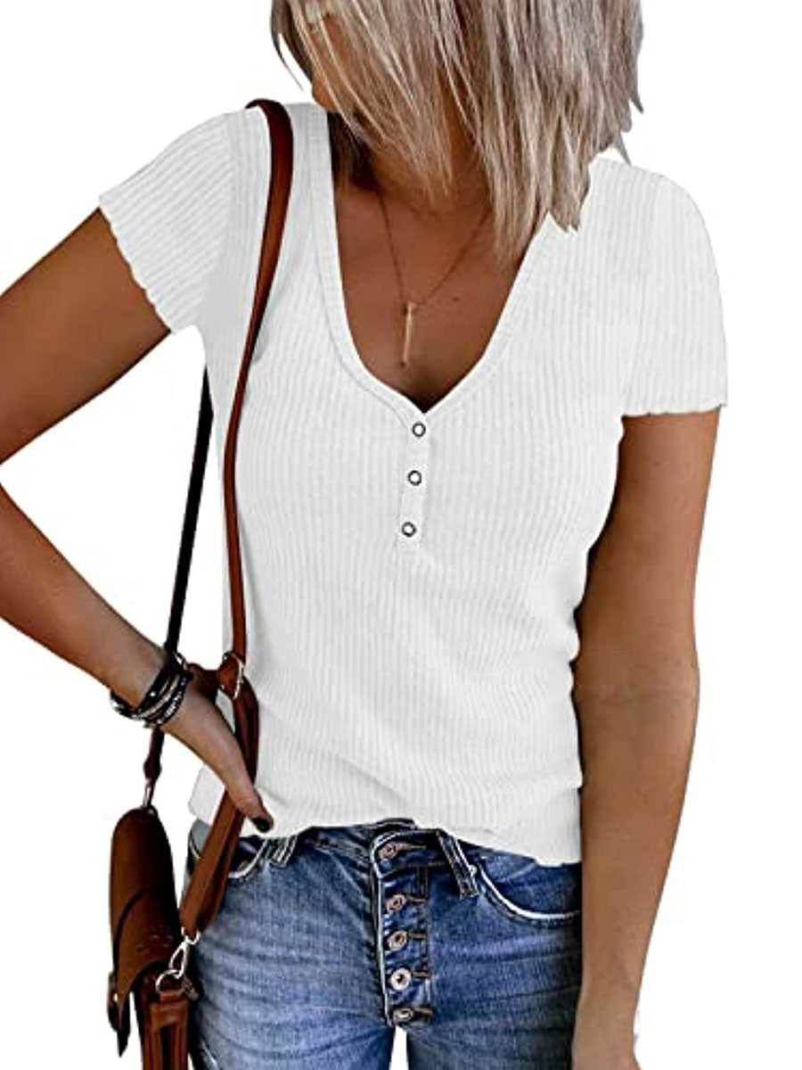 Veleaee Solid Color V-Neck Short Sleeve T-Shirt(7 colors)