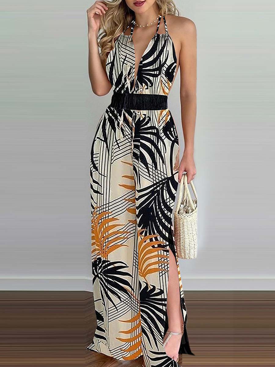 Veleaee Printed Hanging Neck Sexy Backless Split Jumpsuit