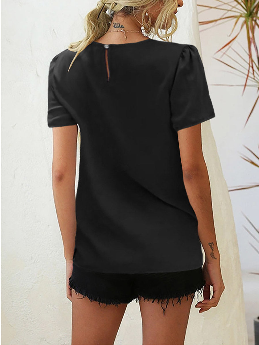 Veleaee Solid Color Pleated Round Neck T-Shirt(9 Colors)