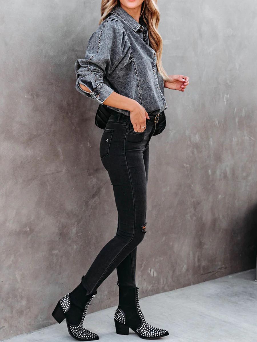 Veleaee Casual Fashion Loose Long Sleeve Denim Shirt