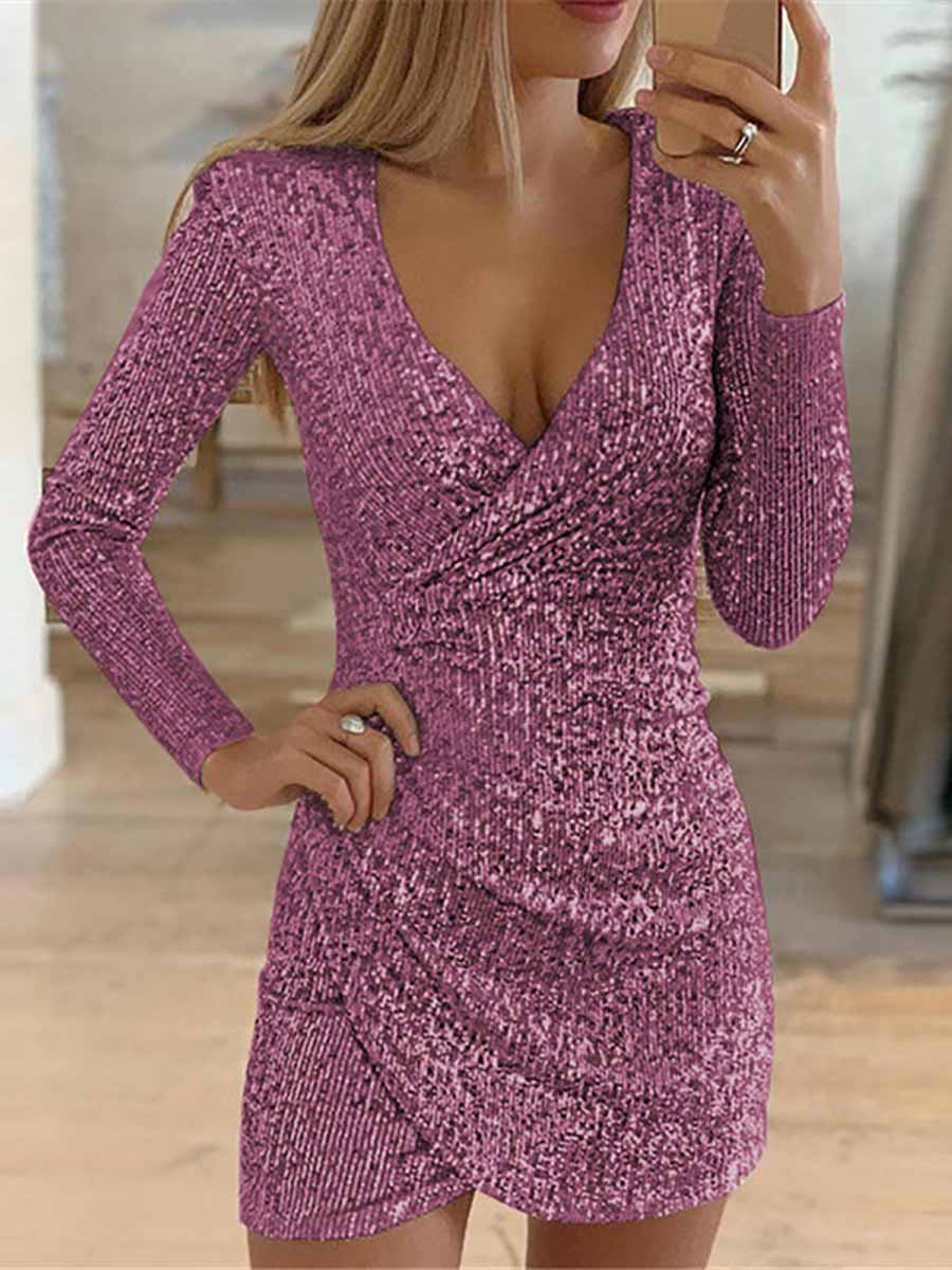 Veleaee V-Neck Irregular Sequin Party Dress(9 colors)