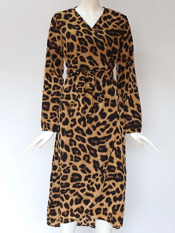 Veleaee V Neck Sexy Leopard Dress