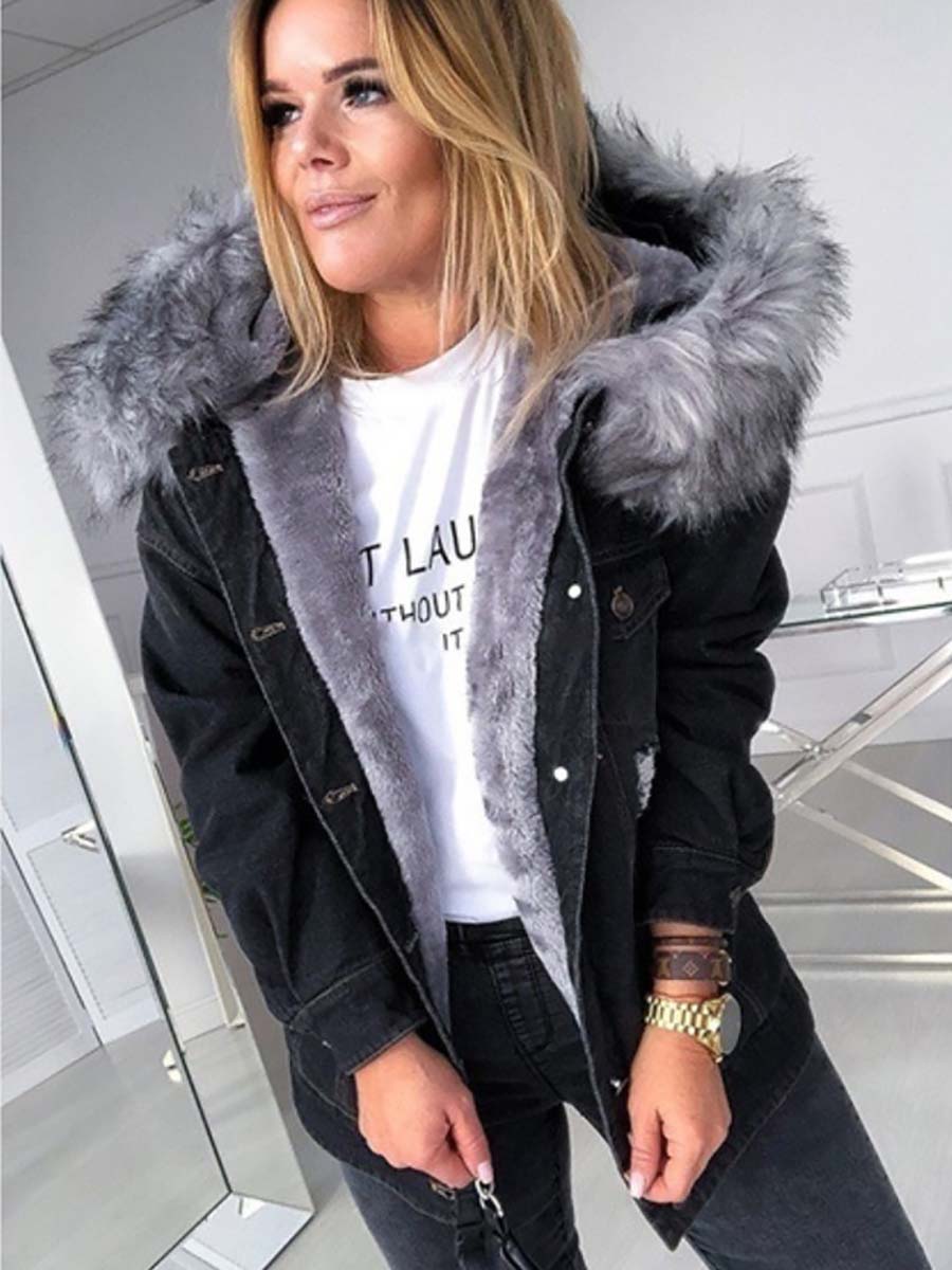 Veleaee Padded Warm Hole Large Fur Collar Denim Jacket(4 colors)