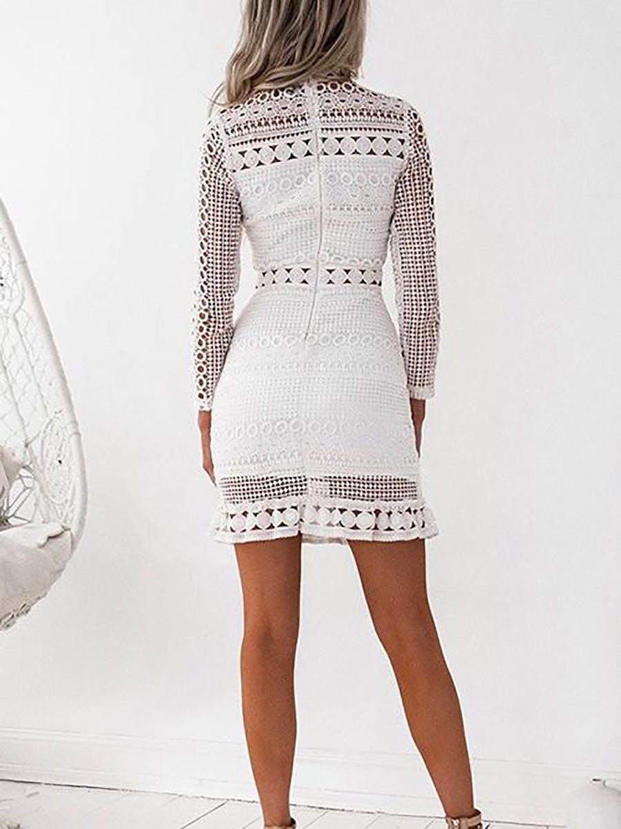 Veleaee Back Zipper Lace Splice Hollow Out Mini Dress
