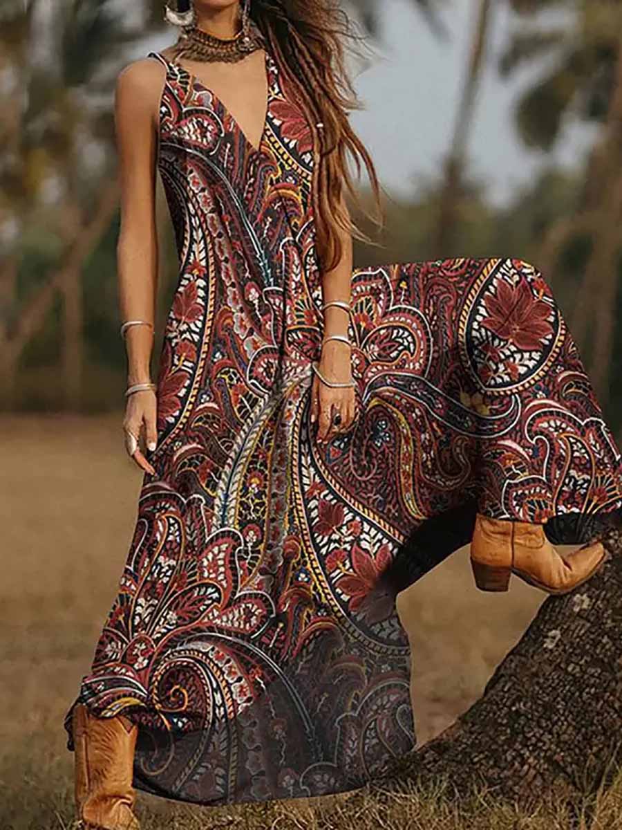 Veleaee V-Neck Printed Camisole Dress