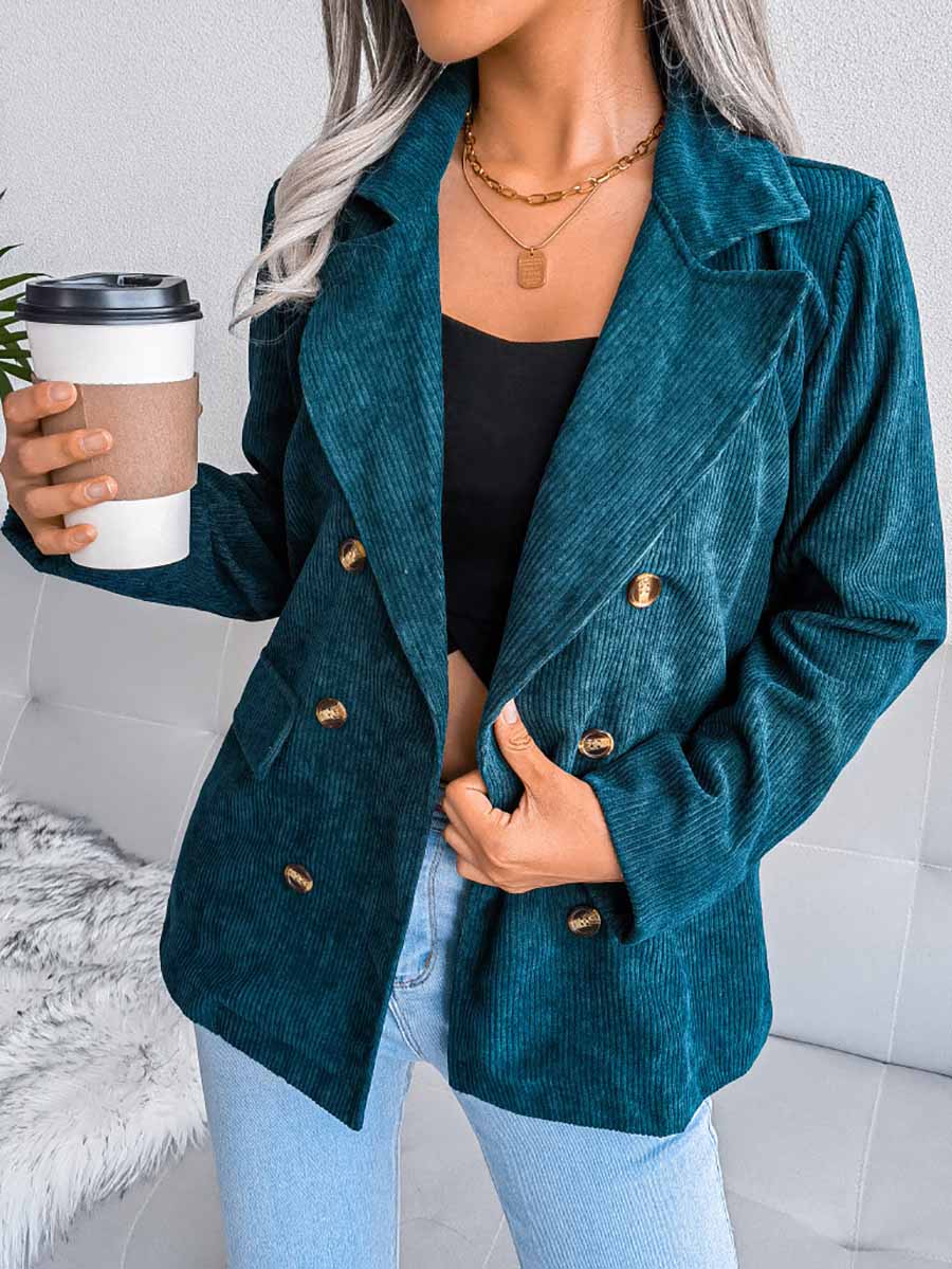 Veleaee Solid Color Corduroy Fashion Double-Breasted Jacket
