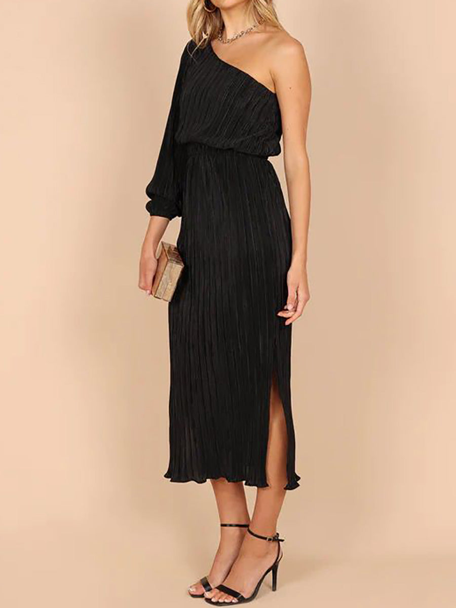 Veleaee One-Shoulder Slash Neck Solid Color Party Dress(3 Colors)