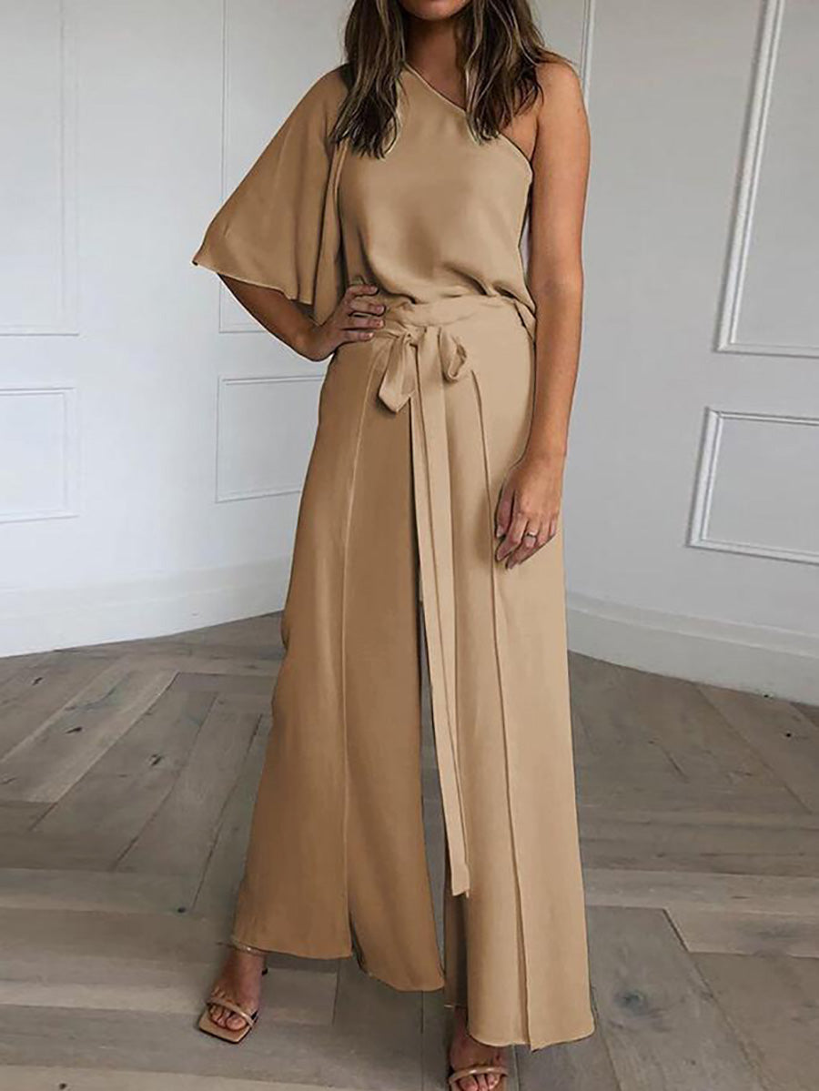Veleaee One Shoulder Blouse Wide Leg Pants Set (3 colors)