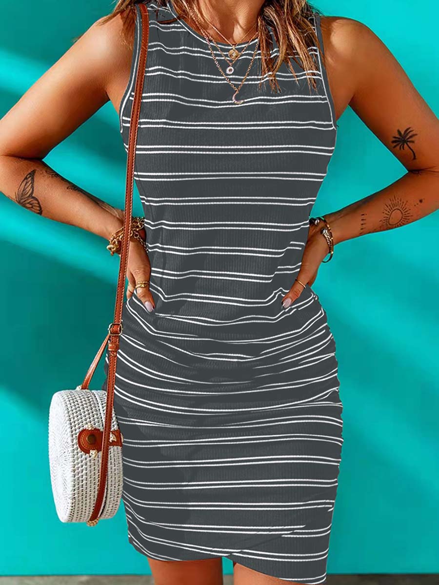 Veleaee Striped Round Neck Dress(8 Colors)