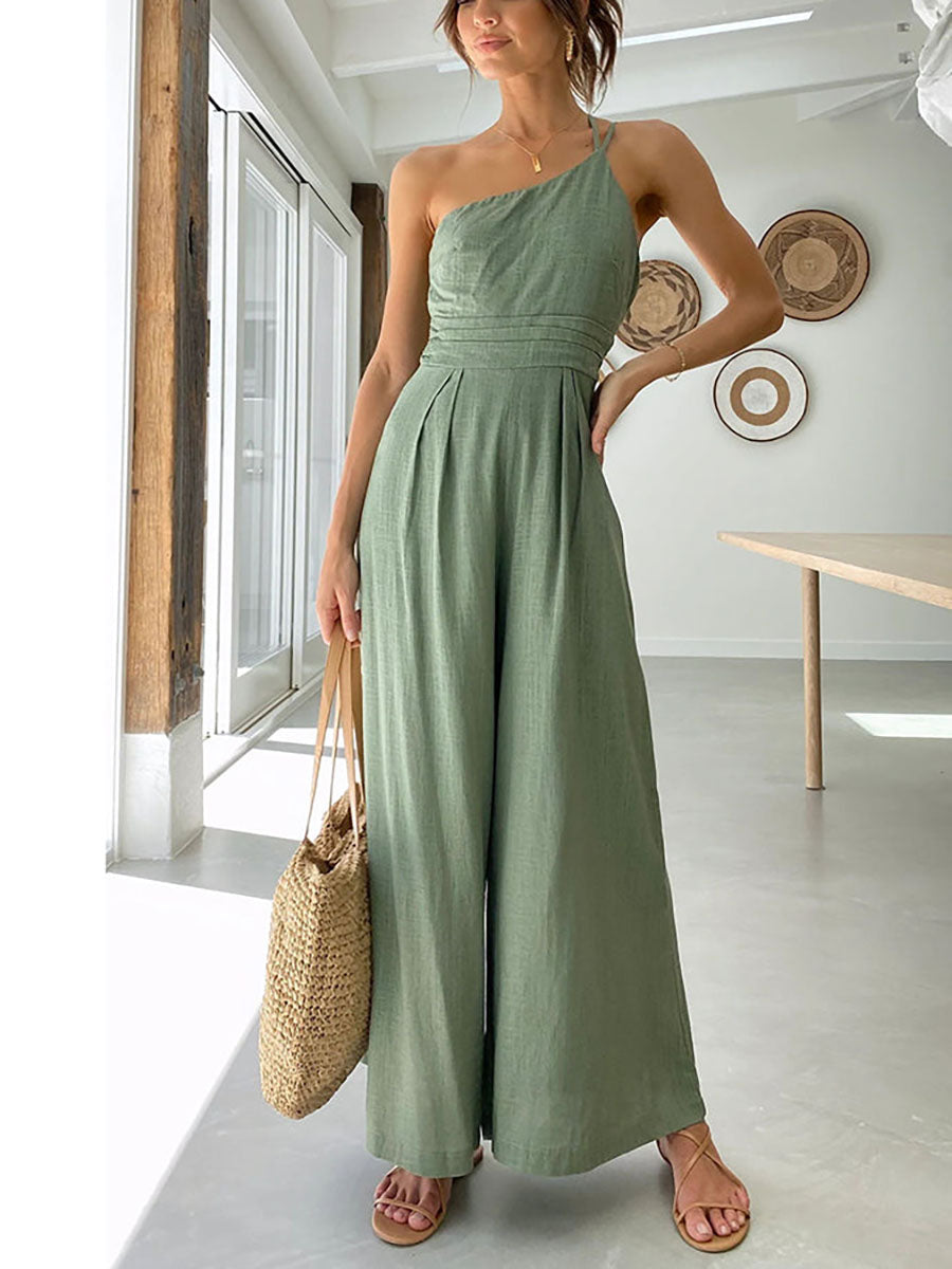 Veleaee Chic Journey One Shoulder Straps Wide Leg Jumpsuit（8 colors）