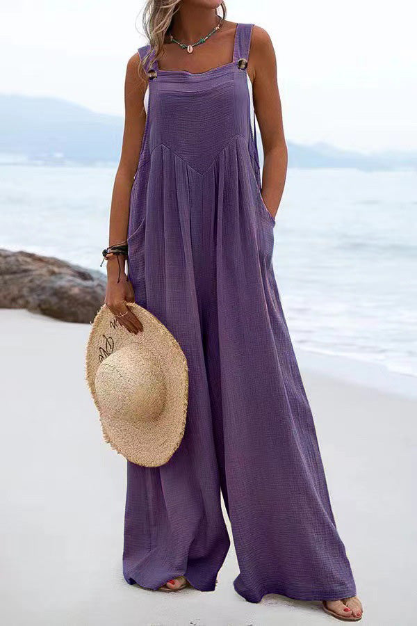 Veleaee Ethnic Button Suspender Wide Leg Line Jumpsuit